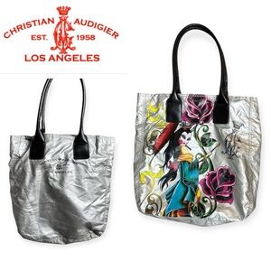 CHRISTIAN AUDIGIER SILVER TOTE BAG Y2K GEISHA ROSE ED HARDY TATTOO ART ERA
